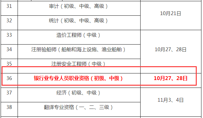 2018下半年银行从业资格考试时间